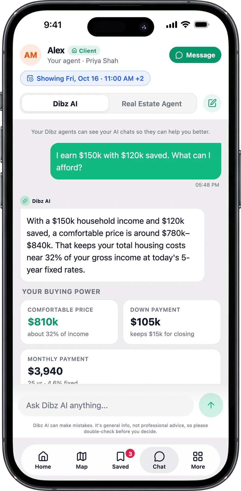 Dibz AI answering what a household earning $150,000 with $120,000 saved can afford