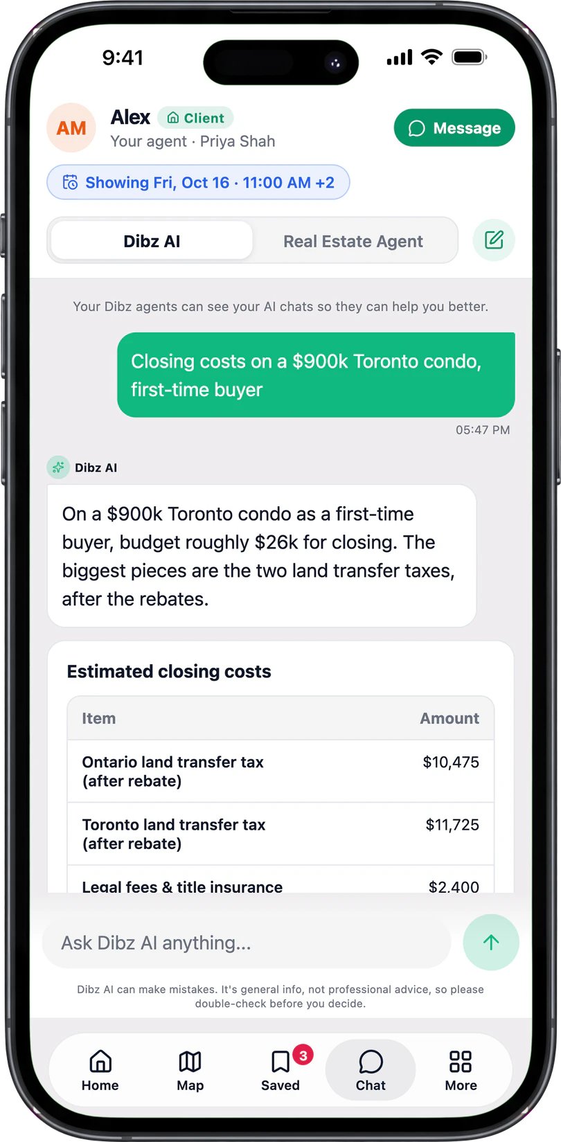 Dibz AI itemizing closing costs for a $900,000 Toronto condo bought by a first-time buyer