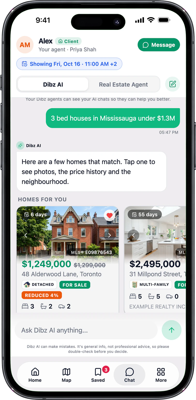 Dibz AI listing example homes that match a search for three-bedroom houses