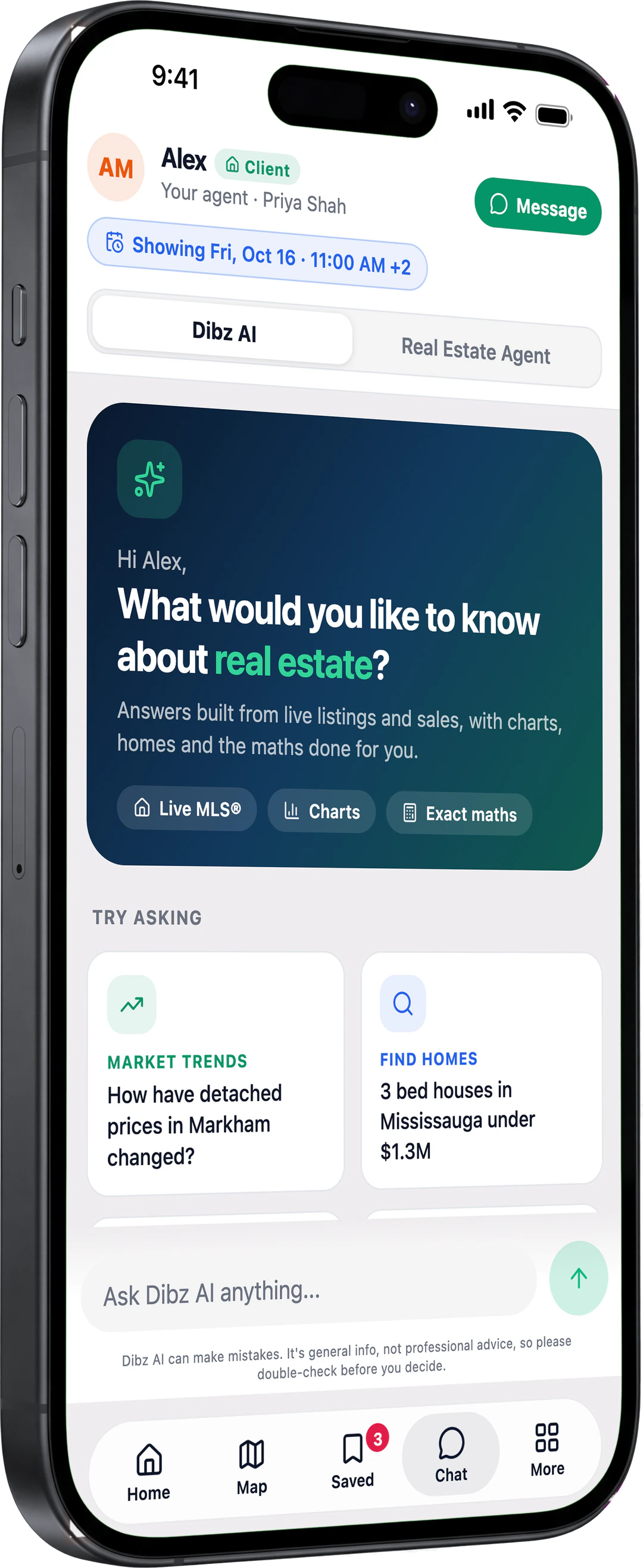Dibz AI asking what you'd like to know about real estate, with suggestions for market trends, finding homes, affordability and closing costs