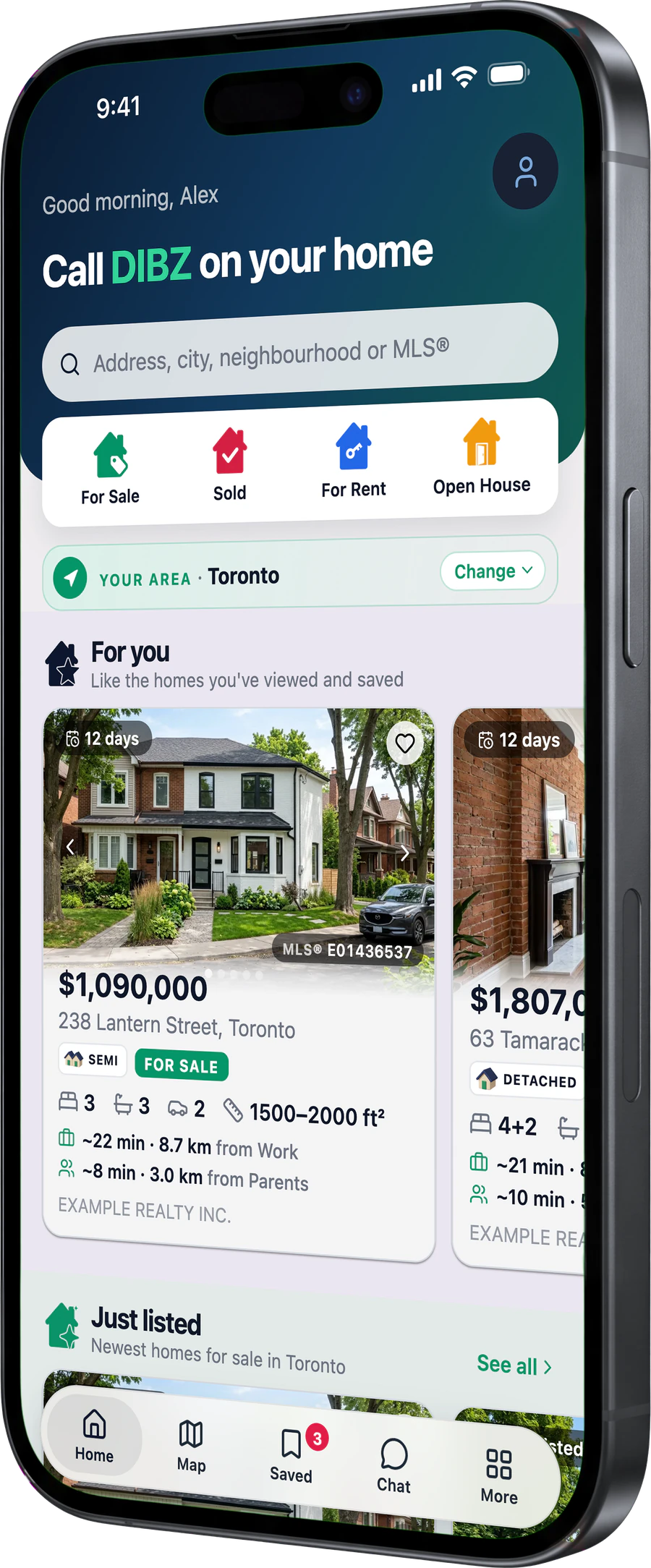 The Dibz home feed: homes for you, just listed, and a search for any address, neighbourhood or MLS® number