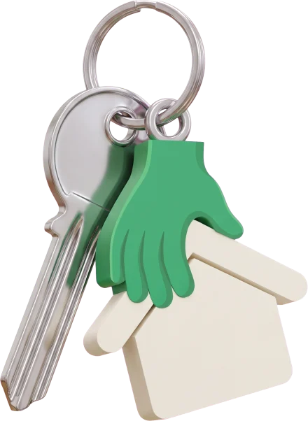 A house key on a Dibz keychain: a cartoon hand grabbing a little house