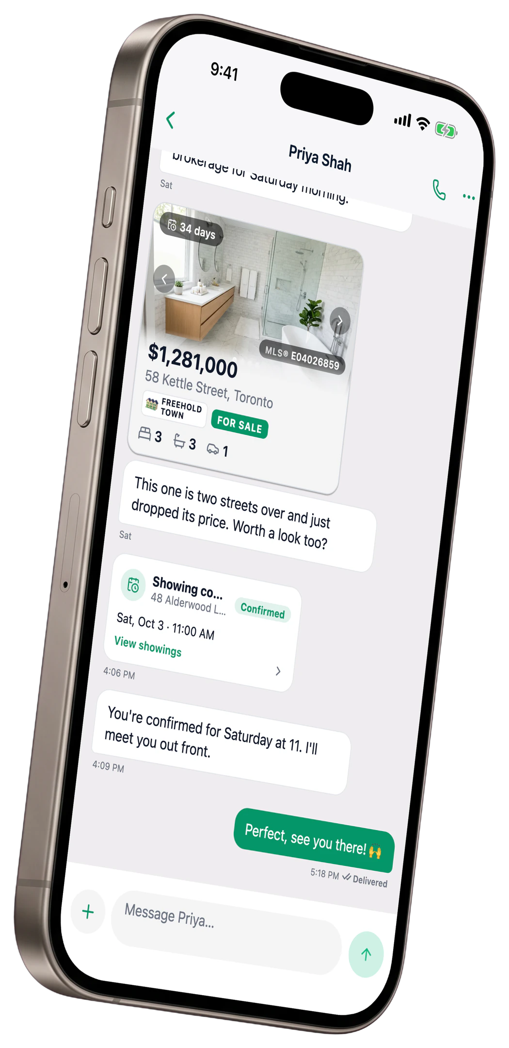 A Dibz chat with an agent: a shared home, a confirmed Saturday showing and replies