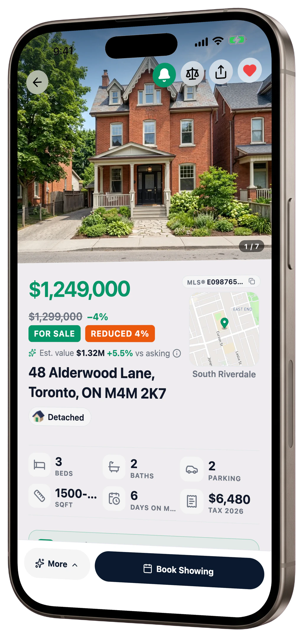 A Dibz listing page: photos, price and price drop, the Dibz estimate against the asking price, and key facts