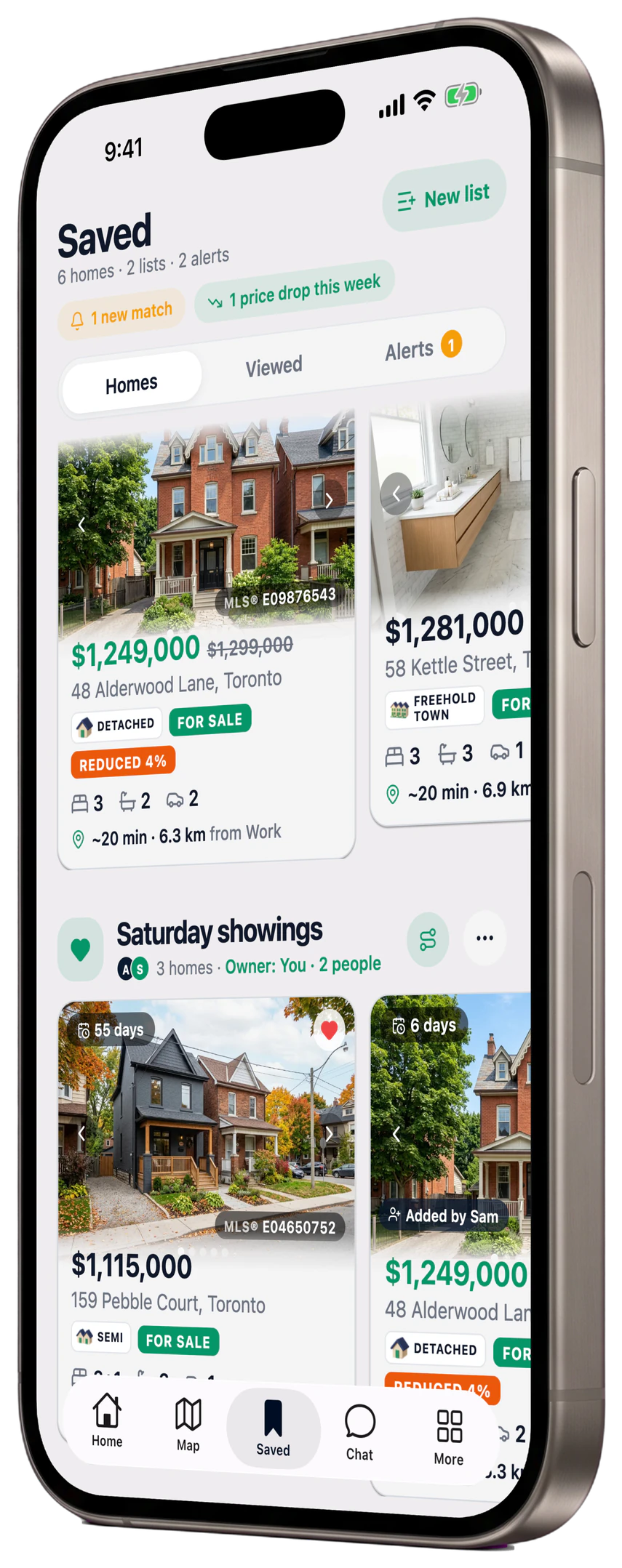 The Saved tab with a shared list, Saturday showings, with two people and a home added by Sam