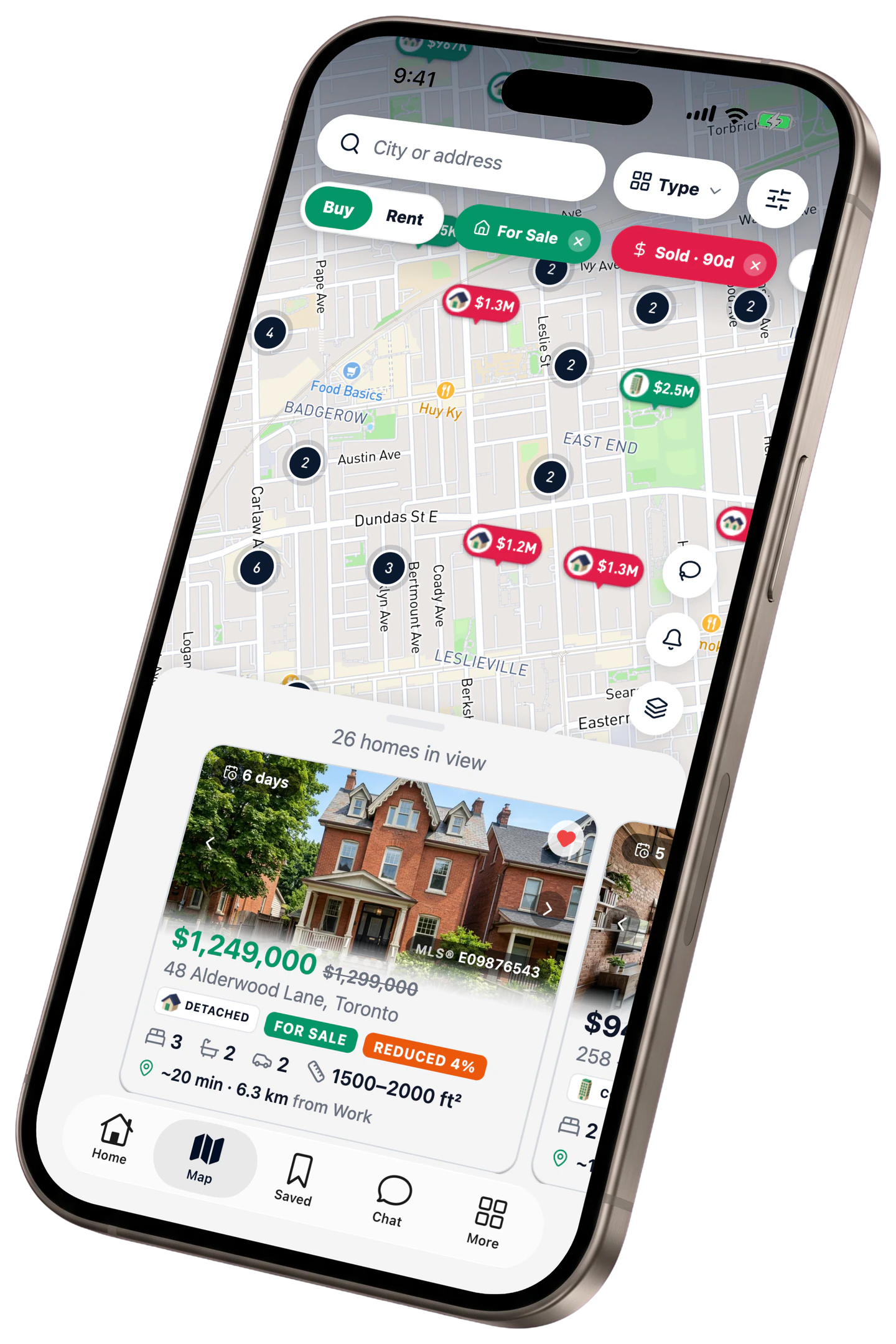 The Dibz map with For Sale and Sold turned on: green pins for homes for sale, red pins for recent sales