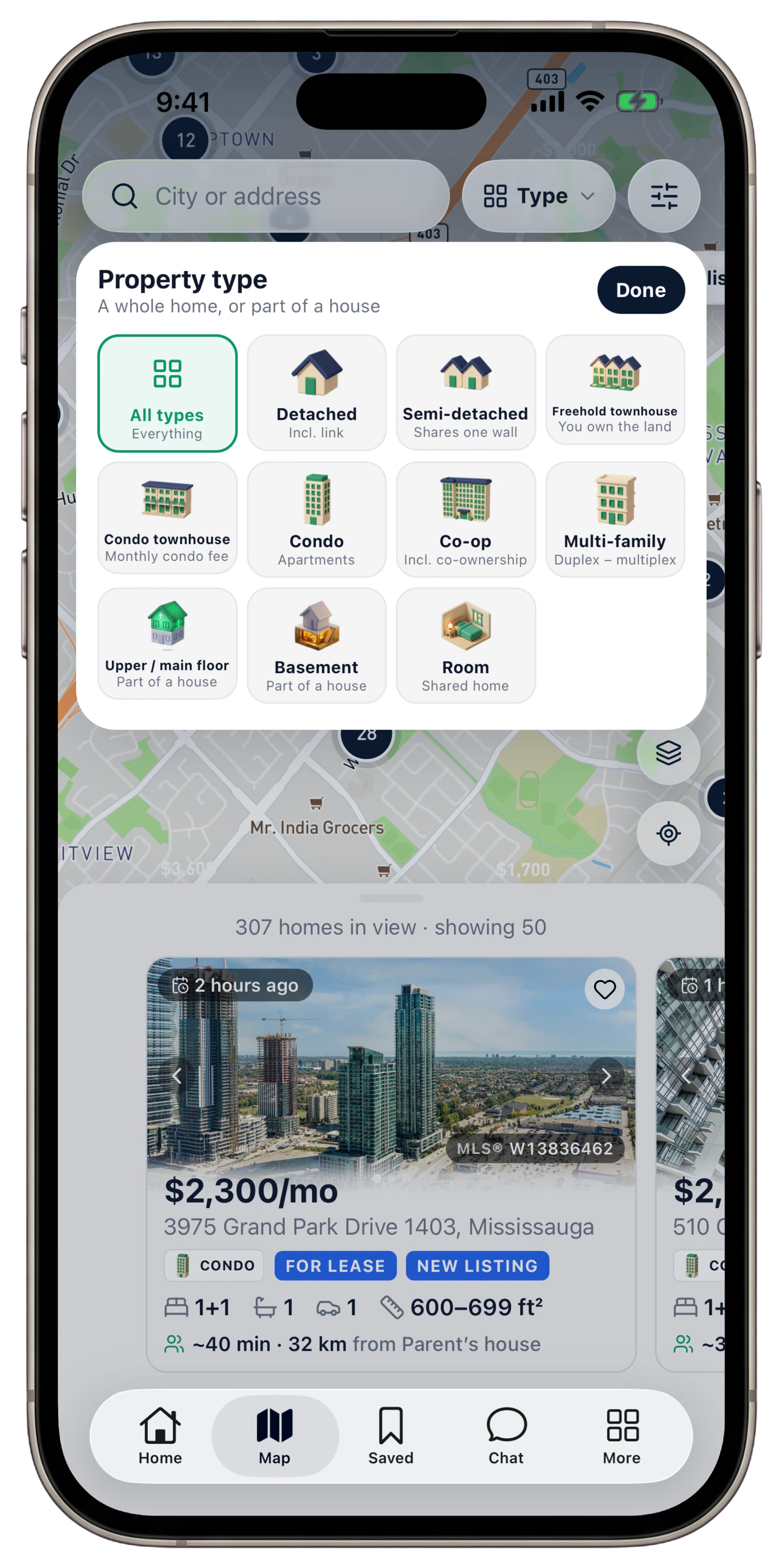 The Dibz map in Rent mode with the property type menu open: all types, detached, semi-detached, freehold and condo townhouses, condo, co-op, multi-family, upper or main floor, basement and room