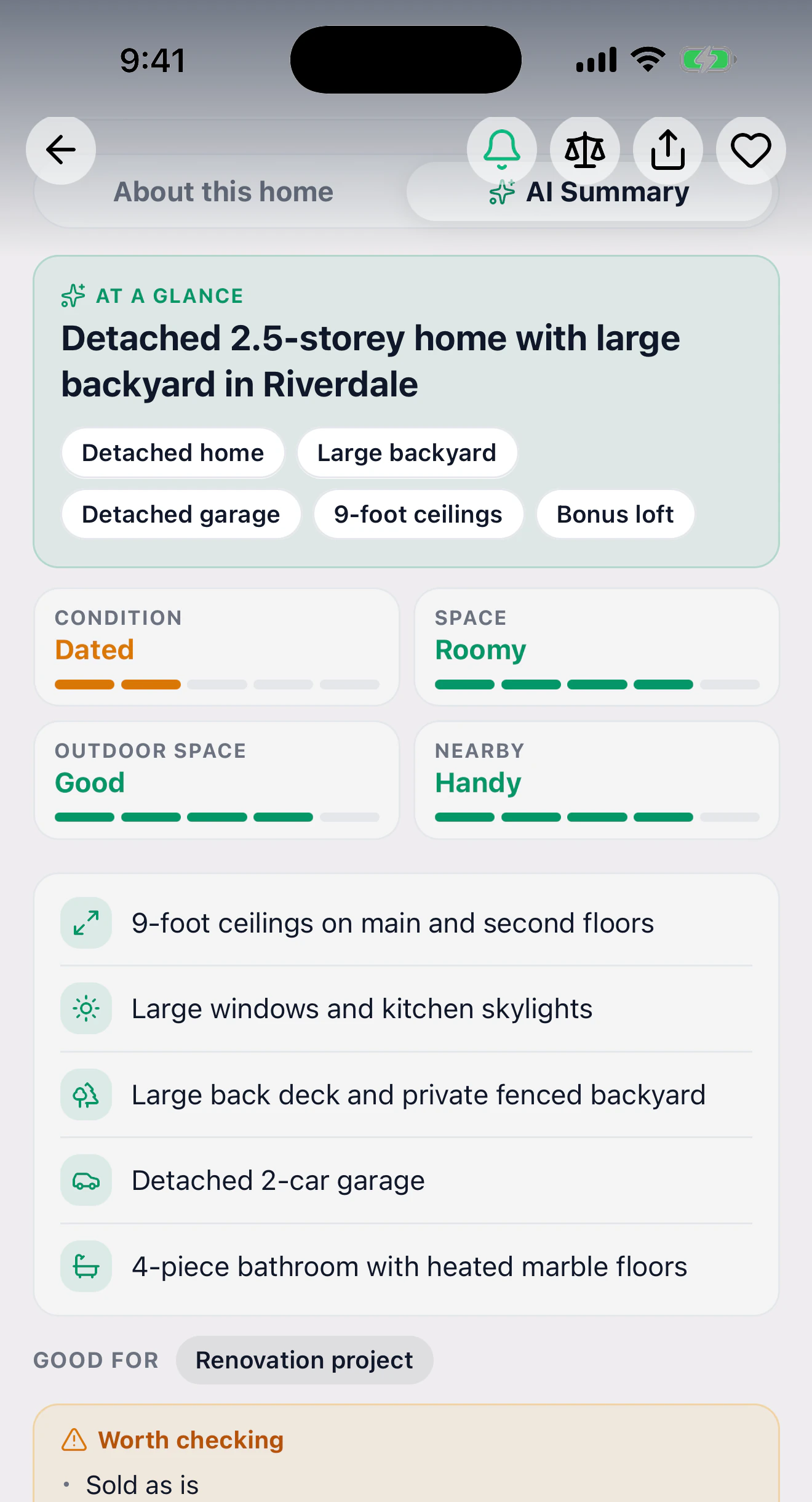 An AI summary of a home with highlights and condition meters