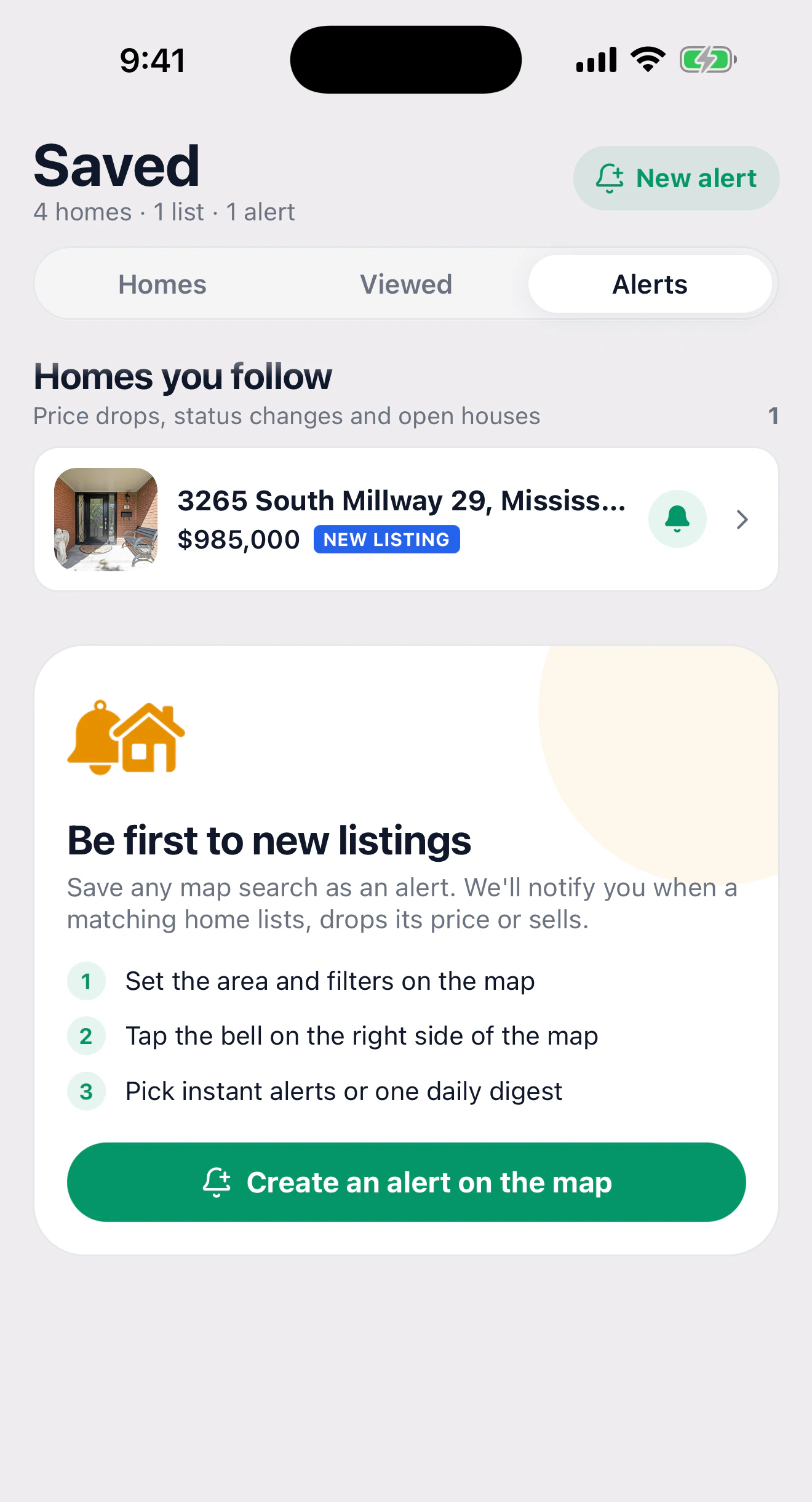 Saved homes and alerts for new listings