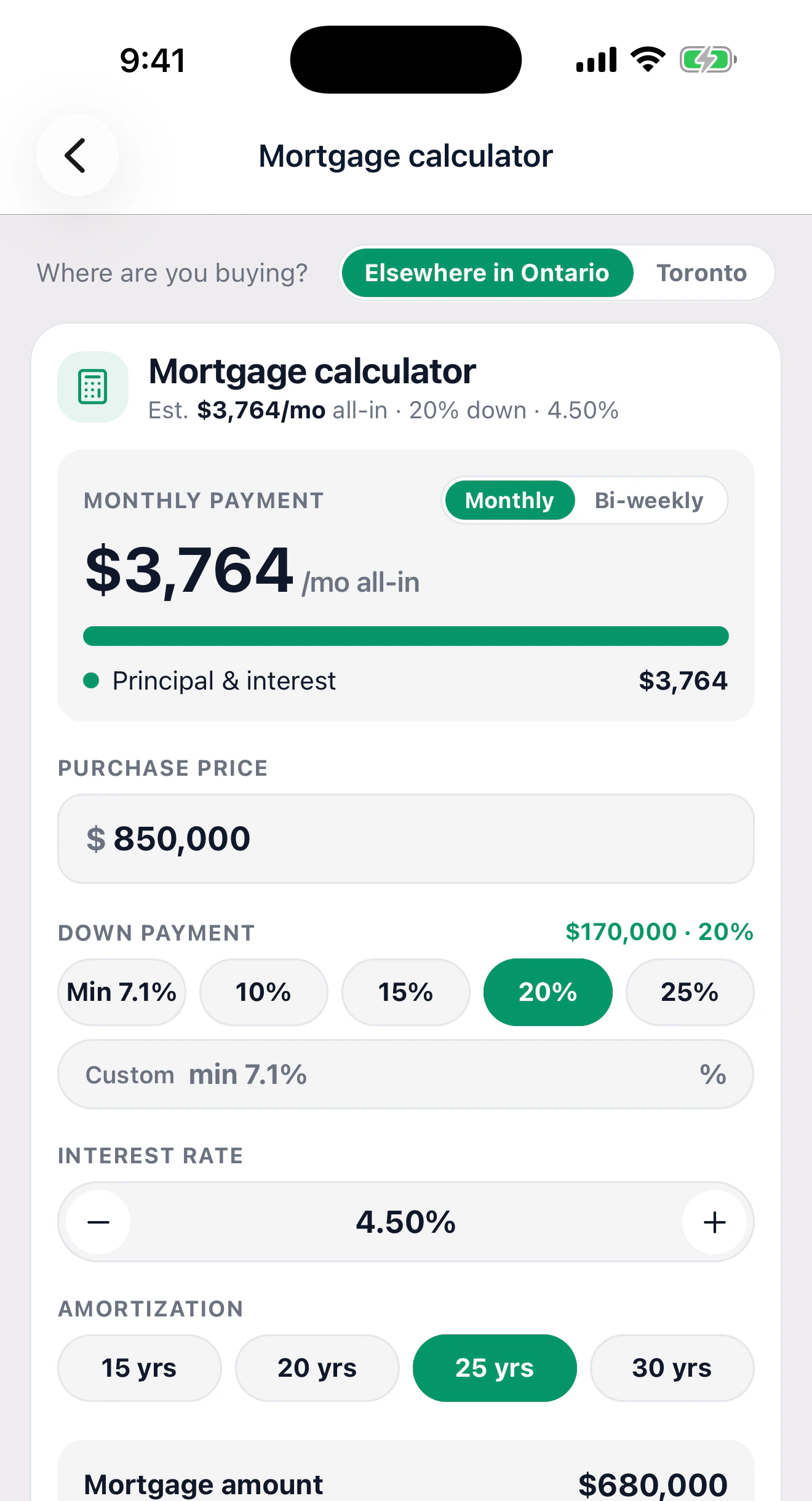 The mortgage calculator with the monthly payment