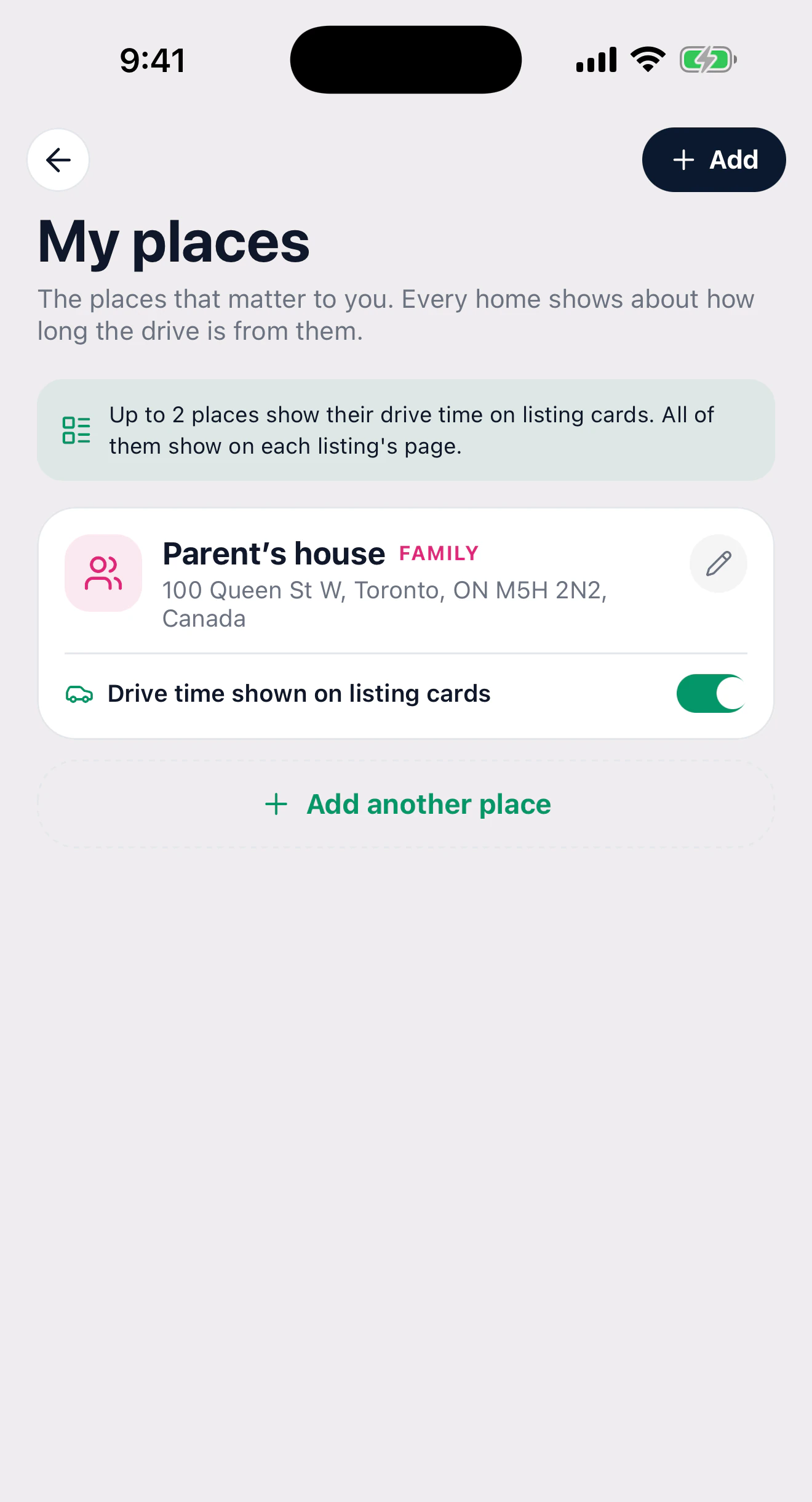 My places for commute times on each home