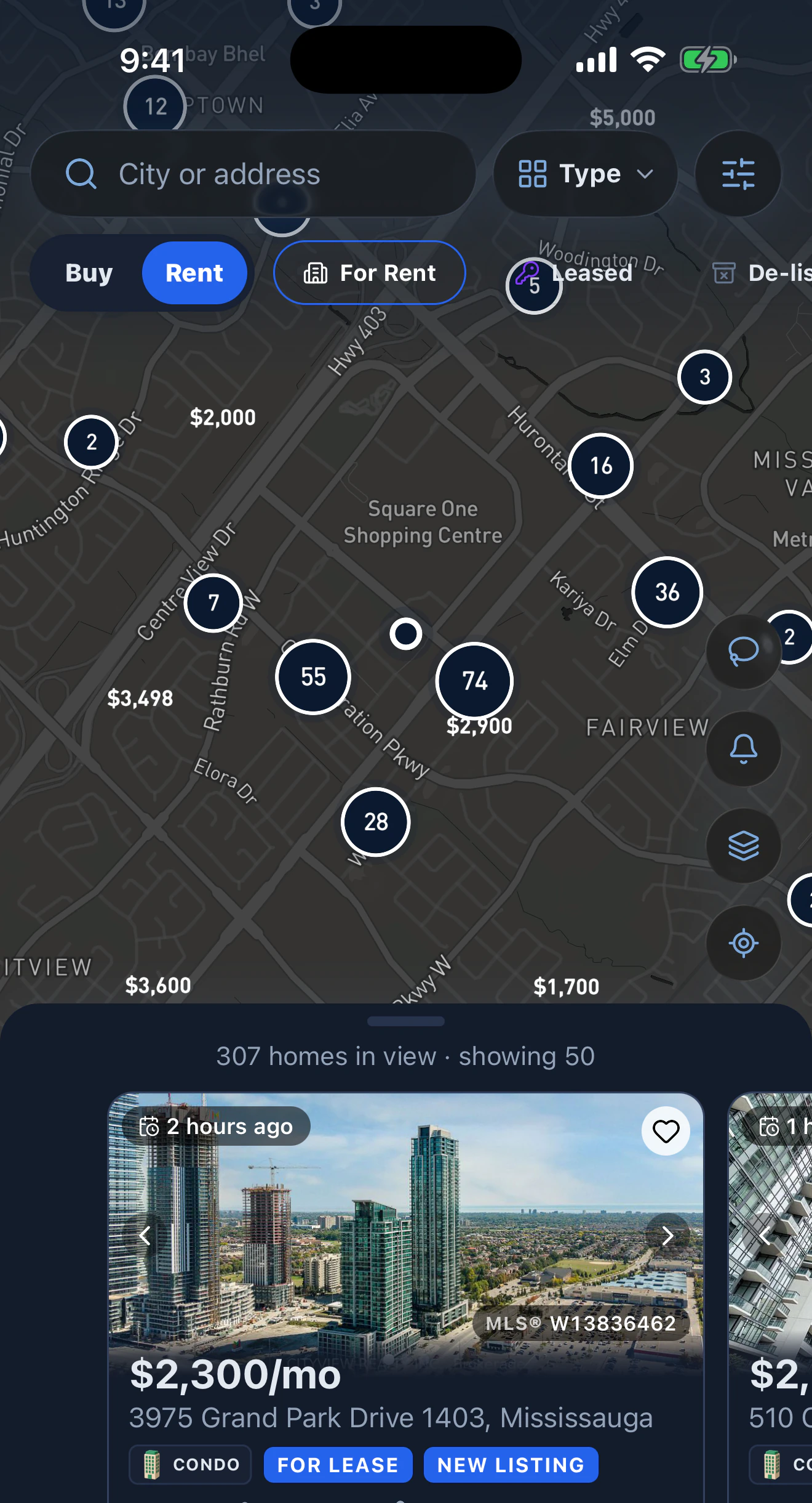 Homes for rent on the map in dark mode