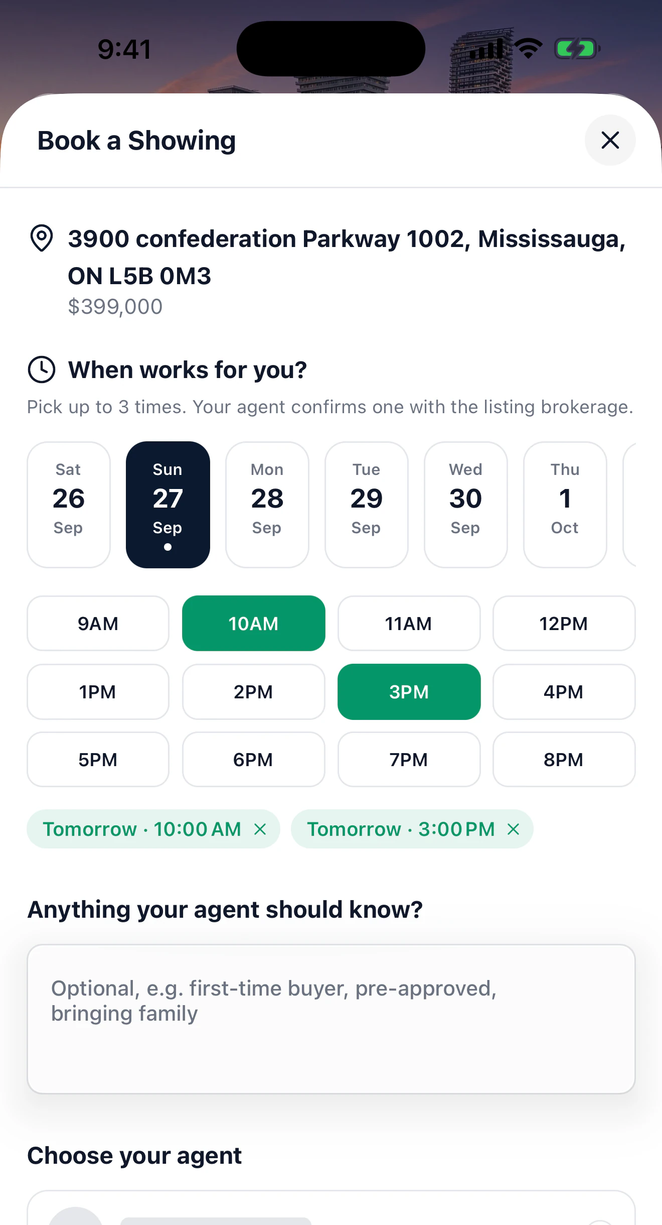 Booking a showing: pick days and times