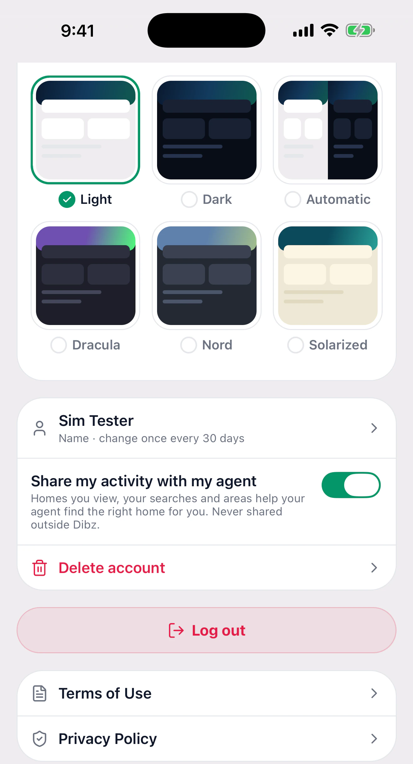 Six themes: Light, Dark, Automatic, Dracula, Nord and Solarized