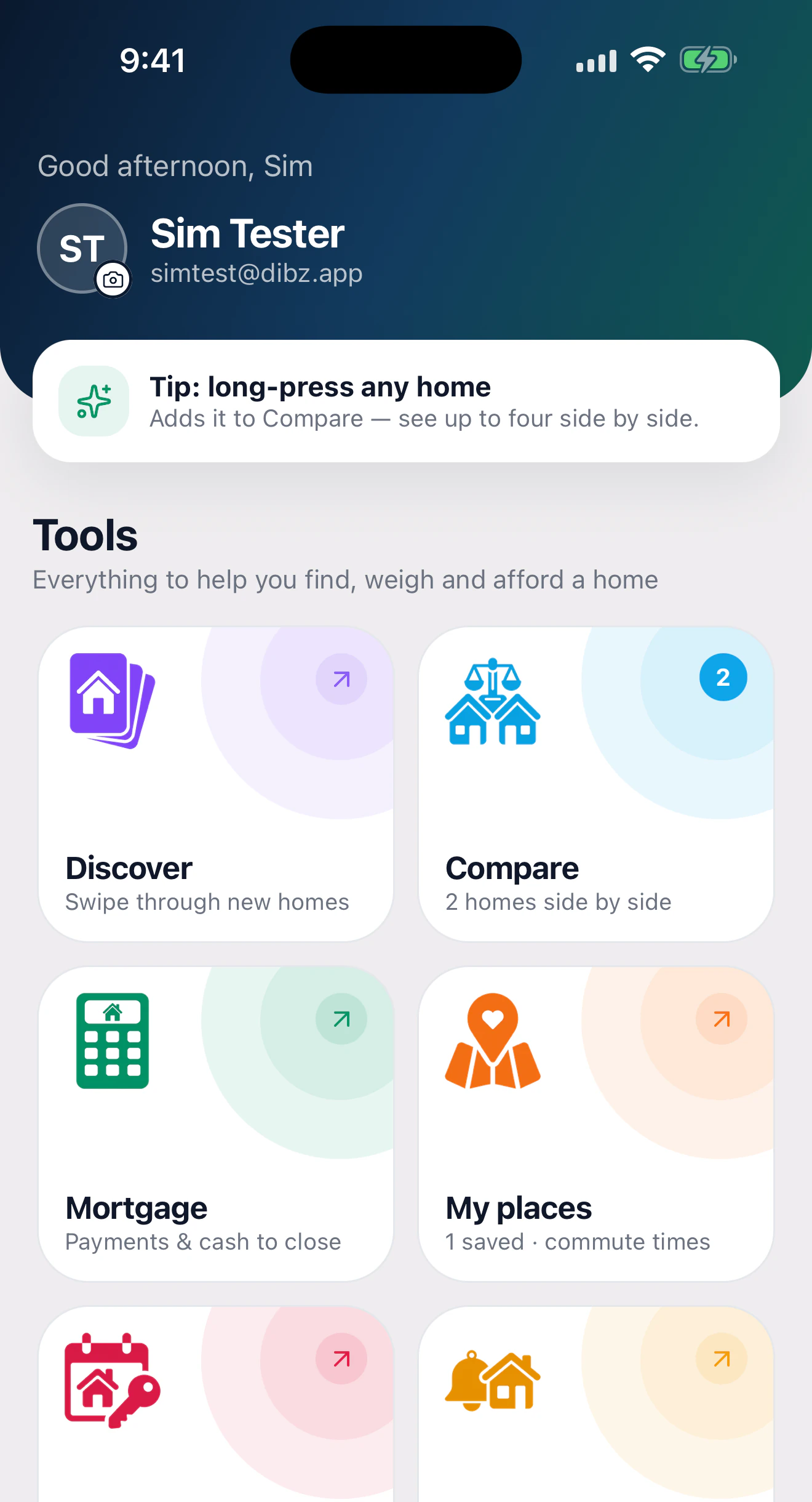 The Tools screen: Discover, Compare, Mortgage, My places, showings and alerts