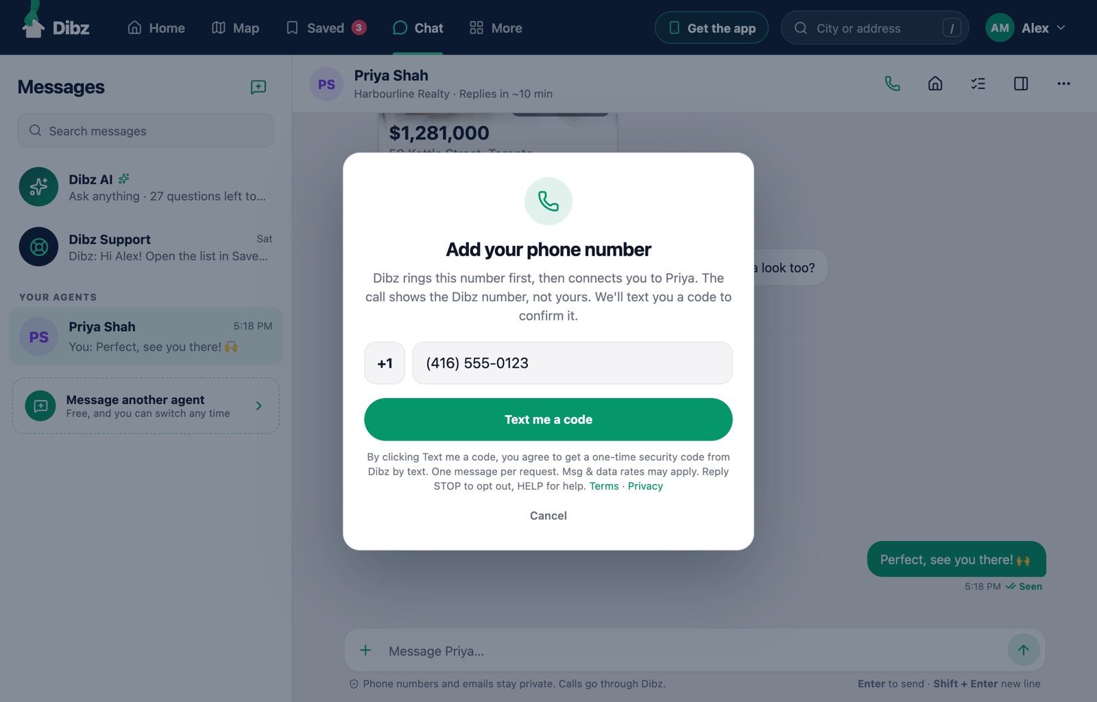 The Dibz Add your phone number screen: a phone number field, a Text me a code button and the texting consent wording under it