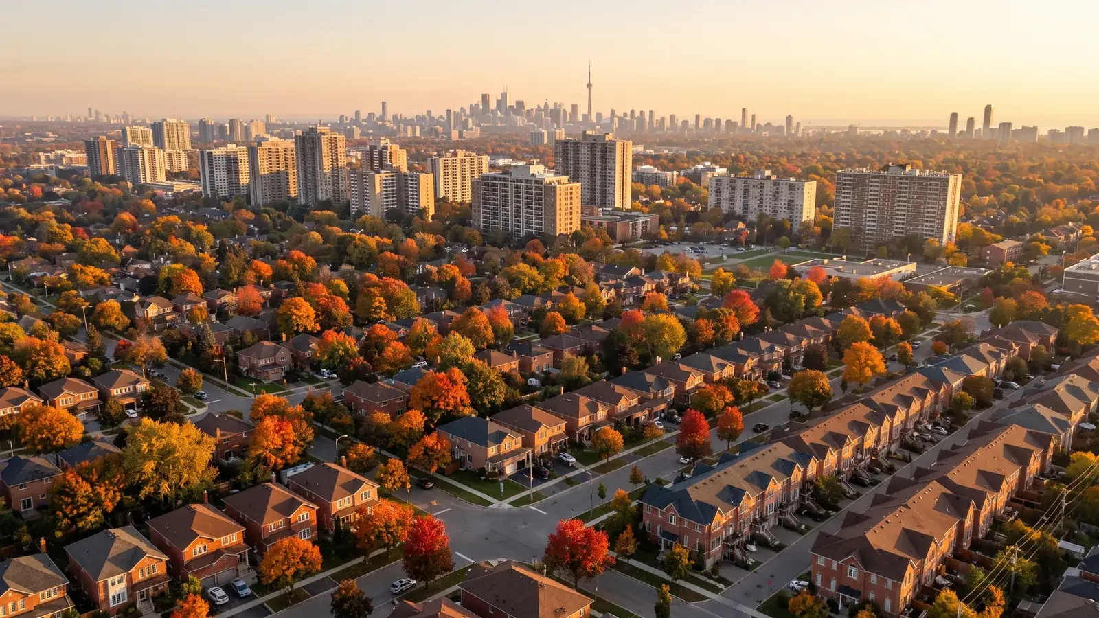 Aerial view at golden hour over a GTA neighbourhood of brick houses and townhouses under autumn maples, with condo towers and the Toronto skyline in the distance