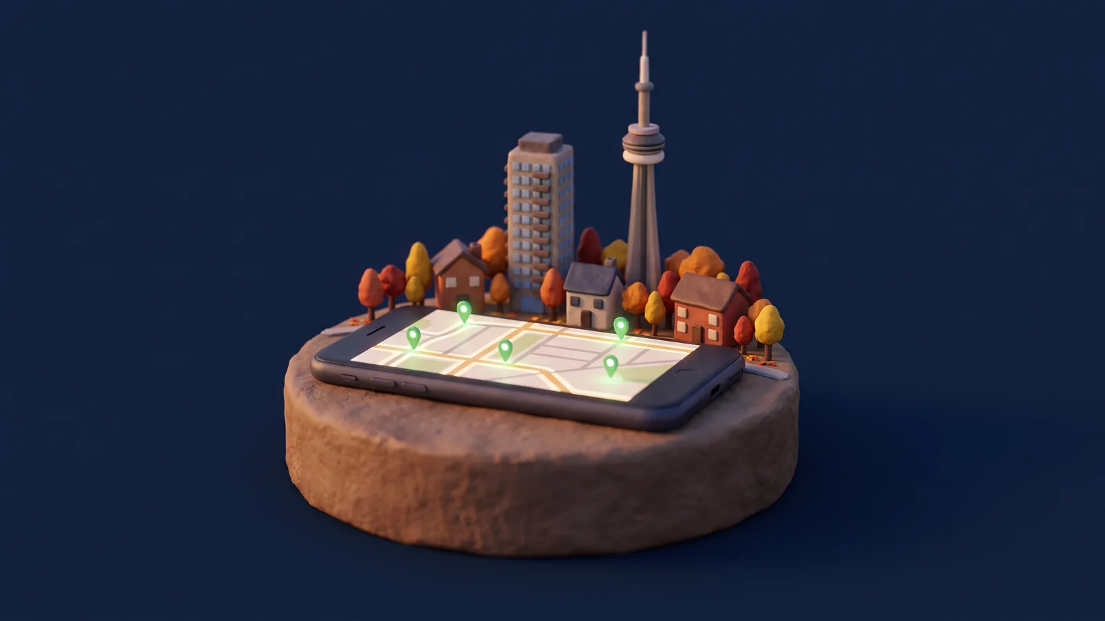 Clay-style smartphone lying flat like a park with a glowing street map and green pins on its screen, small Toronto houses, a condo tower and the CN Tower behind it