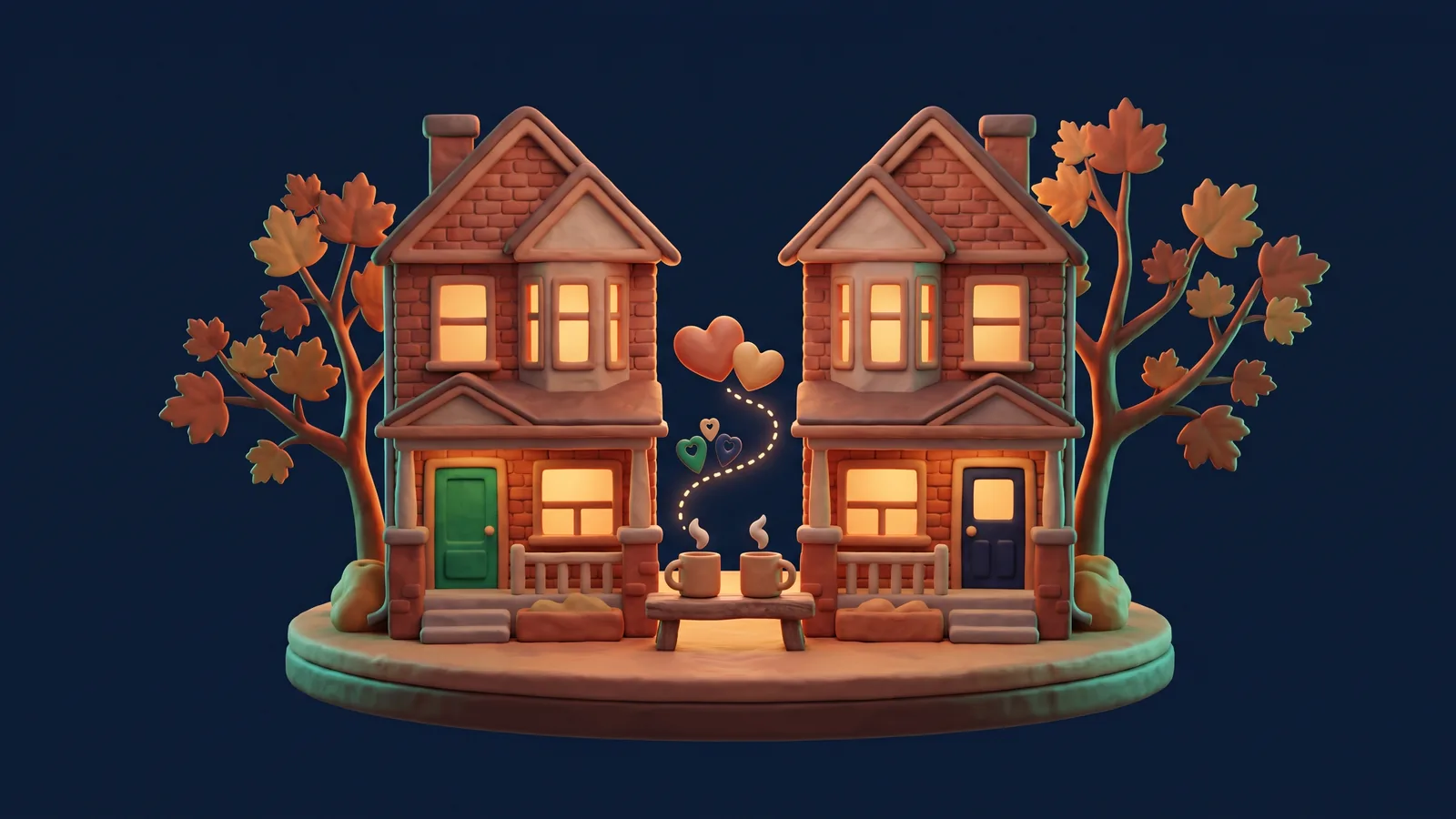 Two clay-style brick houses side by side at dusk with two coffee mugs on a porch bench and floating hearts between them