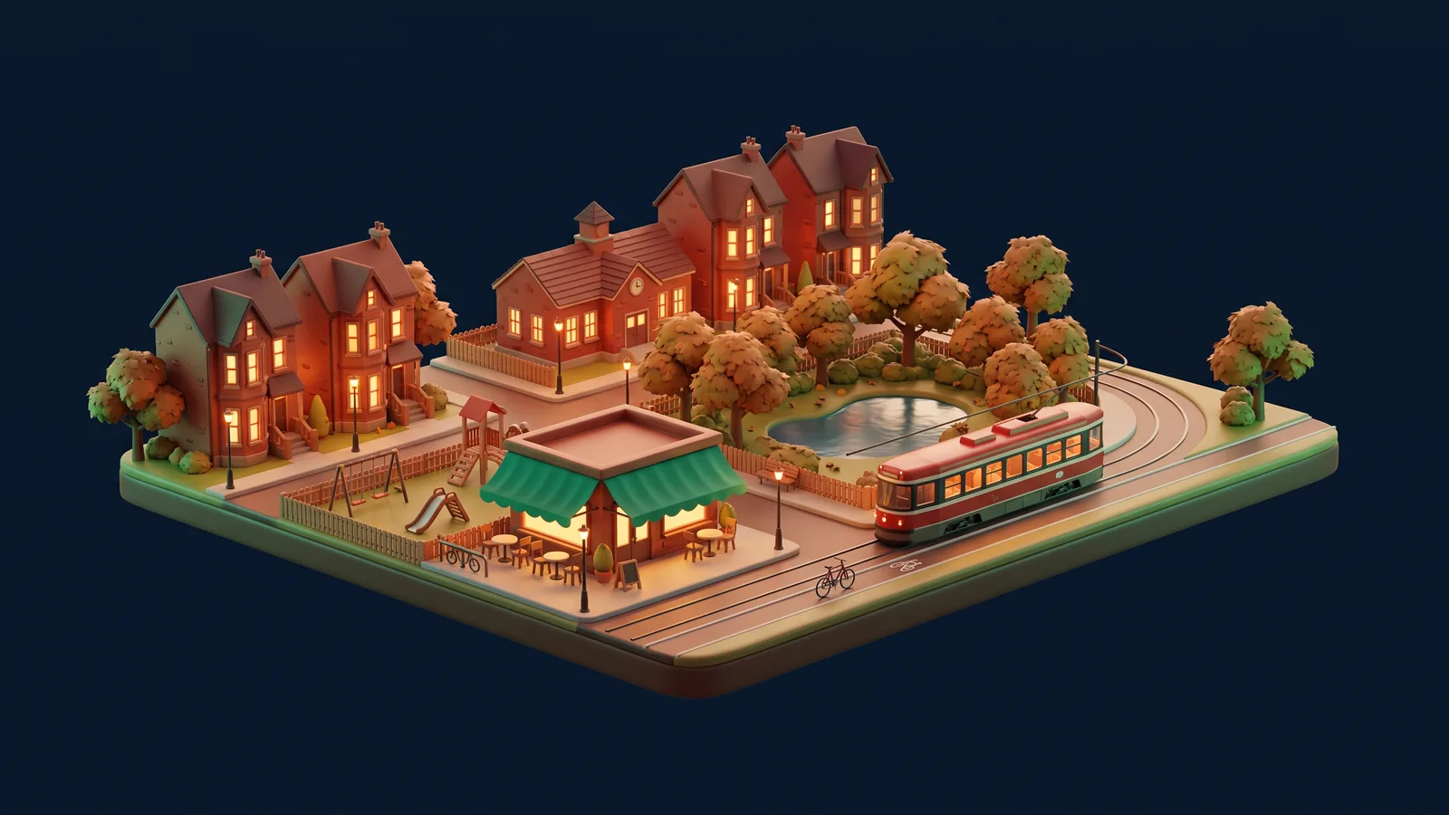 Clay-style Toronto neighbourhood diorama at dusk with brick houses, a school, a playground, a pond, a café with a green awning and a red streetcar
