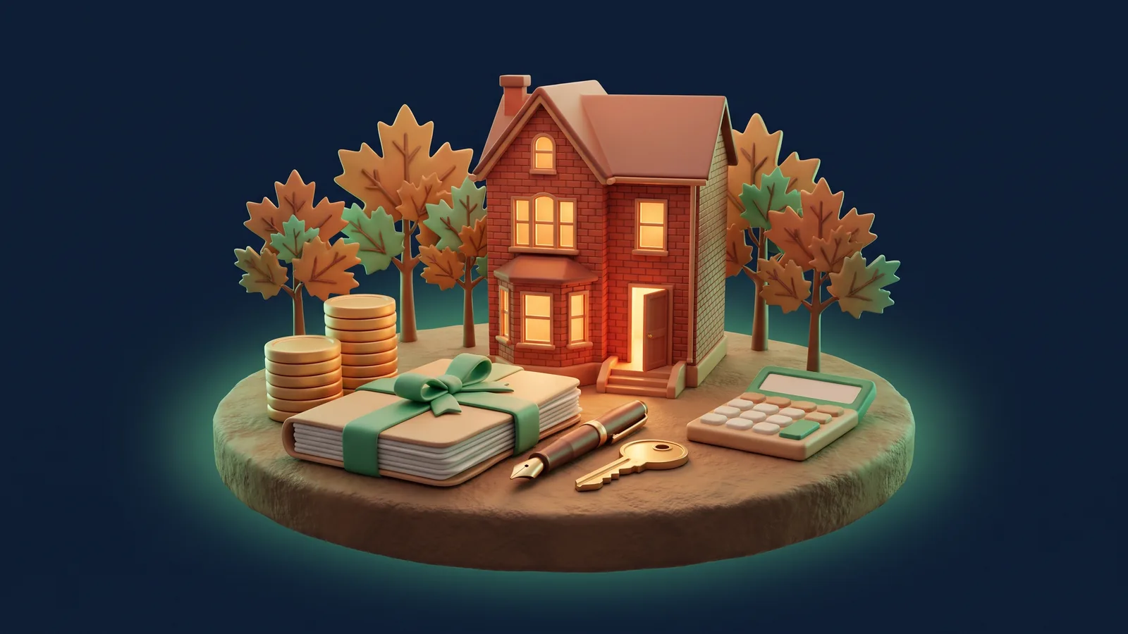 Clay-style brick house at dusk with stacked coins, a document folder tied with a green ribbon, a fountain pen, a key and a calculator