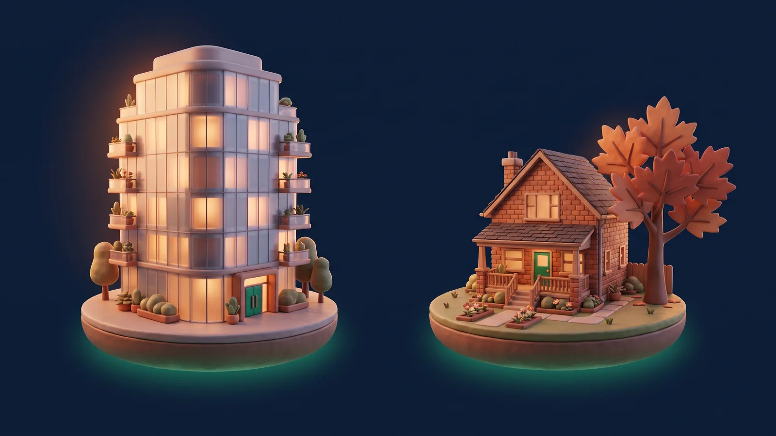Two clay-style floating dioramas at dusk, a glass condo tower with balconies on the left and a red-brick detached house with a maple tree on the right