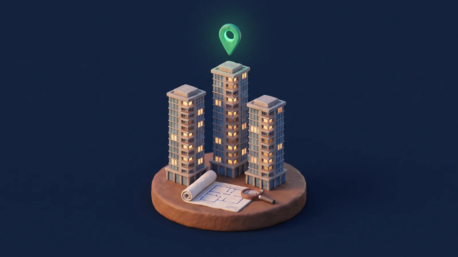 Clay-style trio of glass condo towers with warm lit windows, a rolled floor plan and magnifying glass in front and a glowing green map pin above the tallest tower