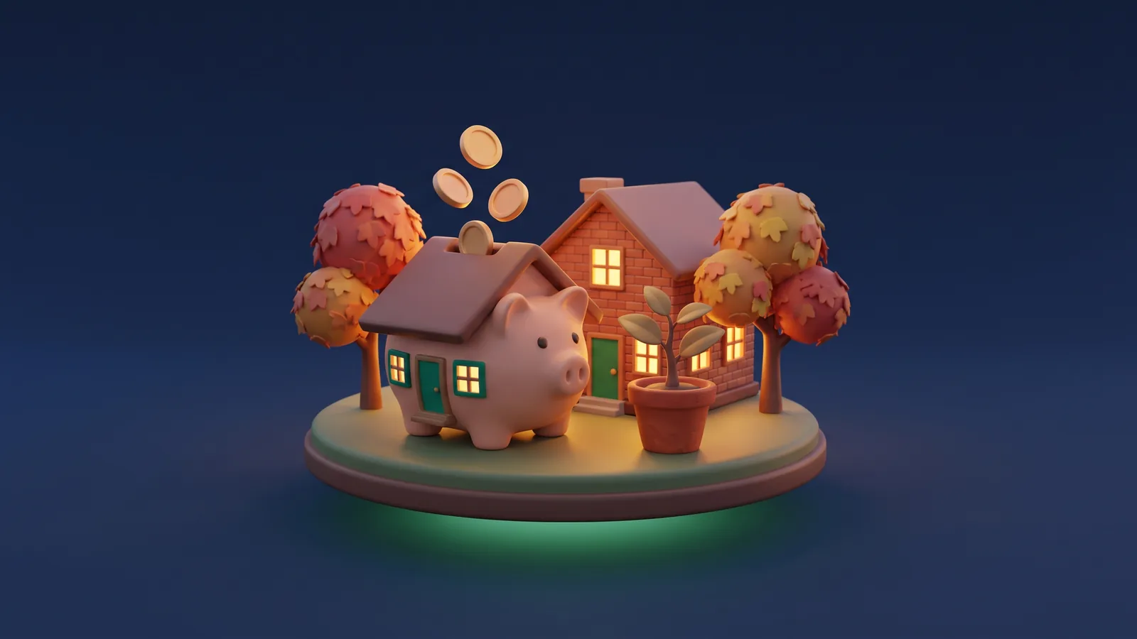 Clay-style piggy bank shaped like a cottage with coins dropping into its roof, beside a potted sapling and a glowing brick home