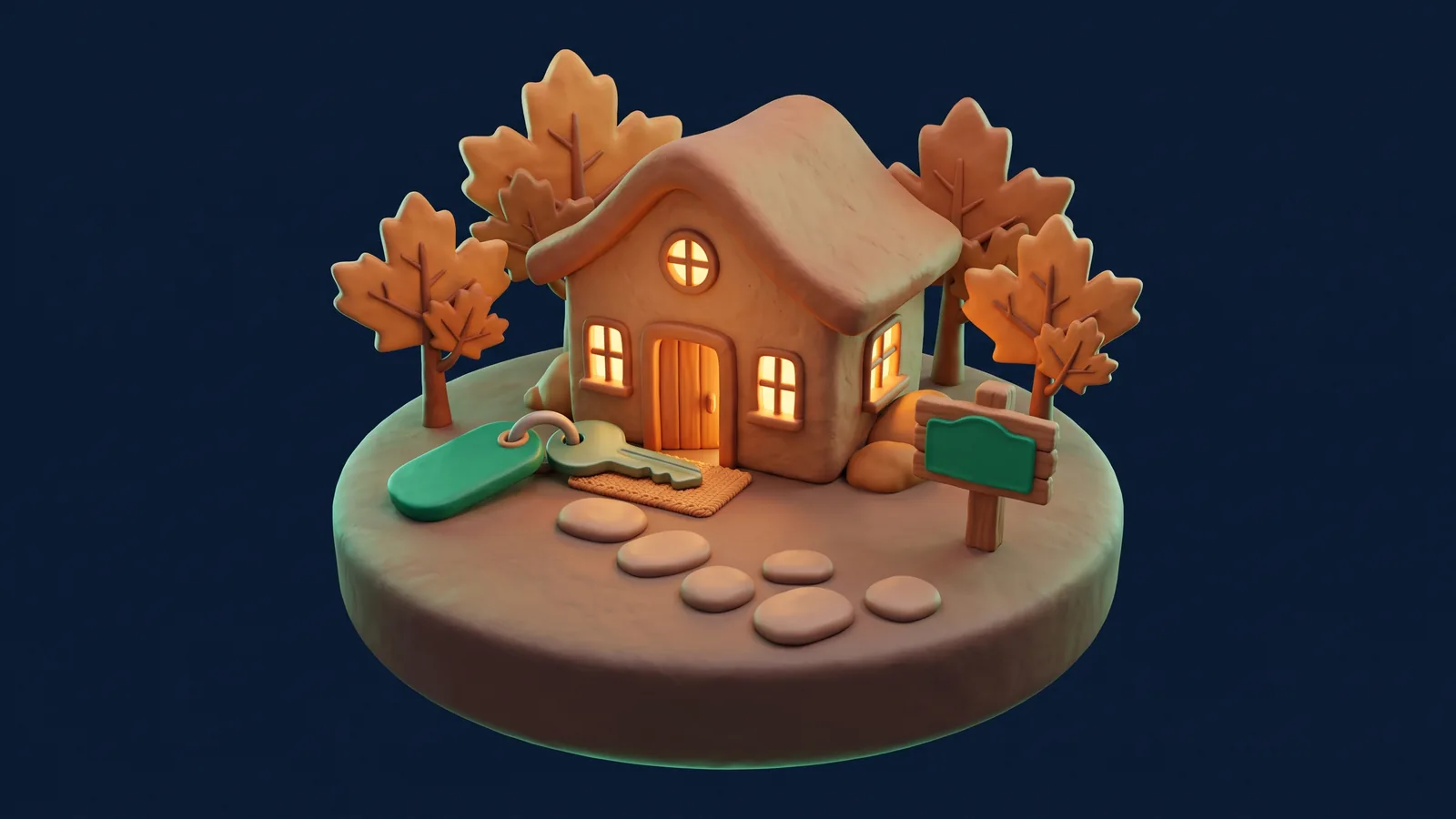 Cosy clay-style starter home at dusk with glowing windows, a stepping-stone path and a key with a green tag on the doormat