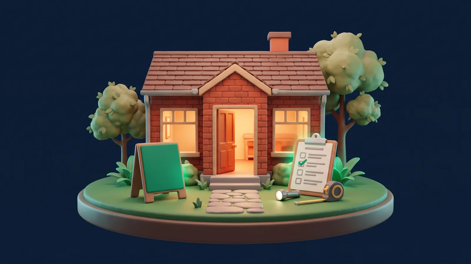 Clay-style brick bungalow at dusk with its front door open and warm light inside, a blank green sign, a clipboard checklist, a flashlight and a tape measure