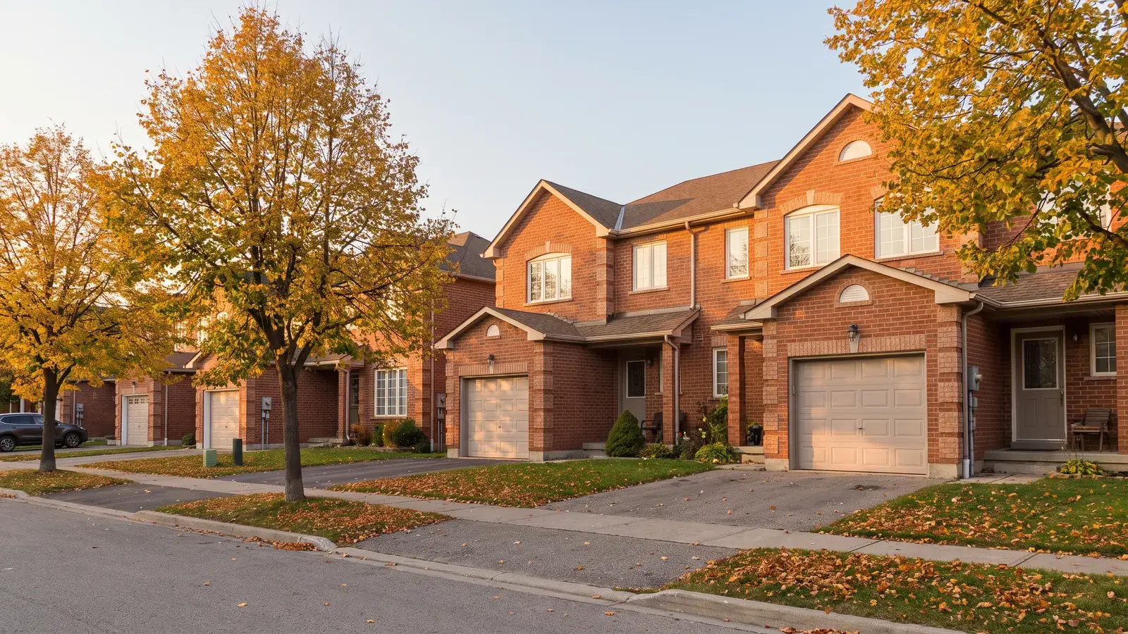 A row of two-storey red-brick freehold townhouses with single garages and small lawns under autumn trees in an Ontario suburb, late-afternoon sun