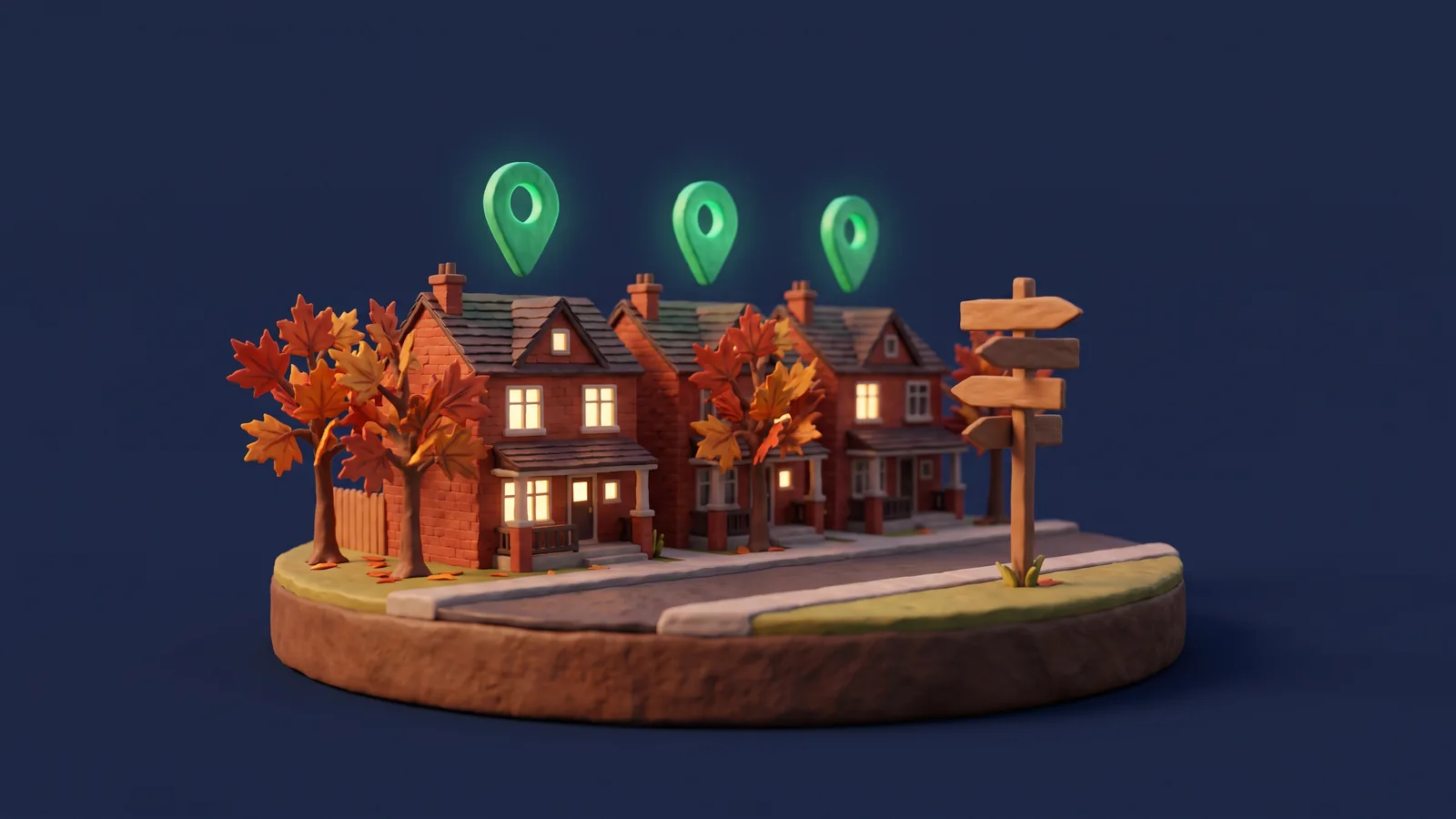 Clay-style Toronto street of red-brick semi-detached houses in autumn, with a wooden signpost pointing four ways and three glowing green map pins above