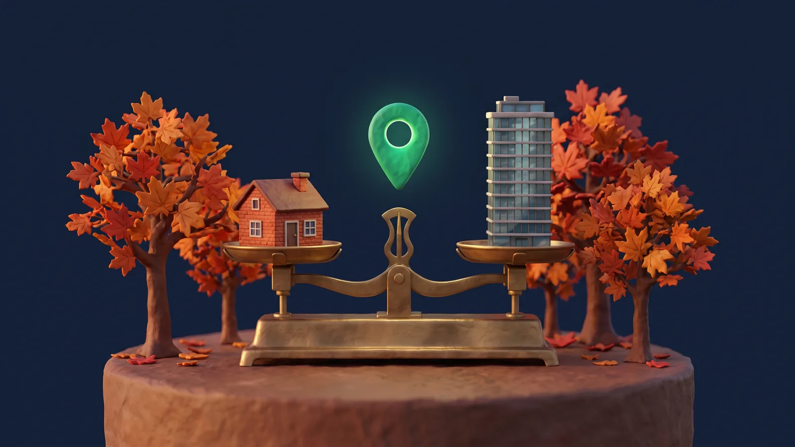 Clay-style brass balance scale holding a small brick house on one side and a glass condo tower on the other, between autumn maple trees, with a glowing green map pin above