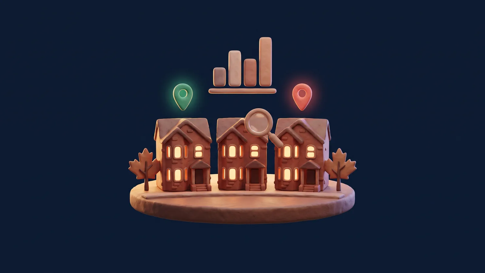 Three clay-style brick houses at dusk with a green and a red map pin above them, a rising bar chart and a magnifying glass