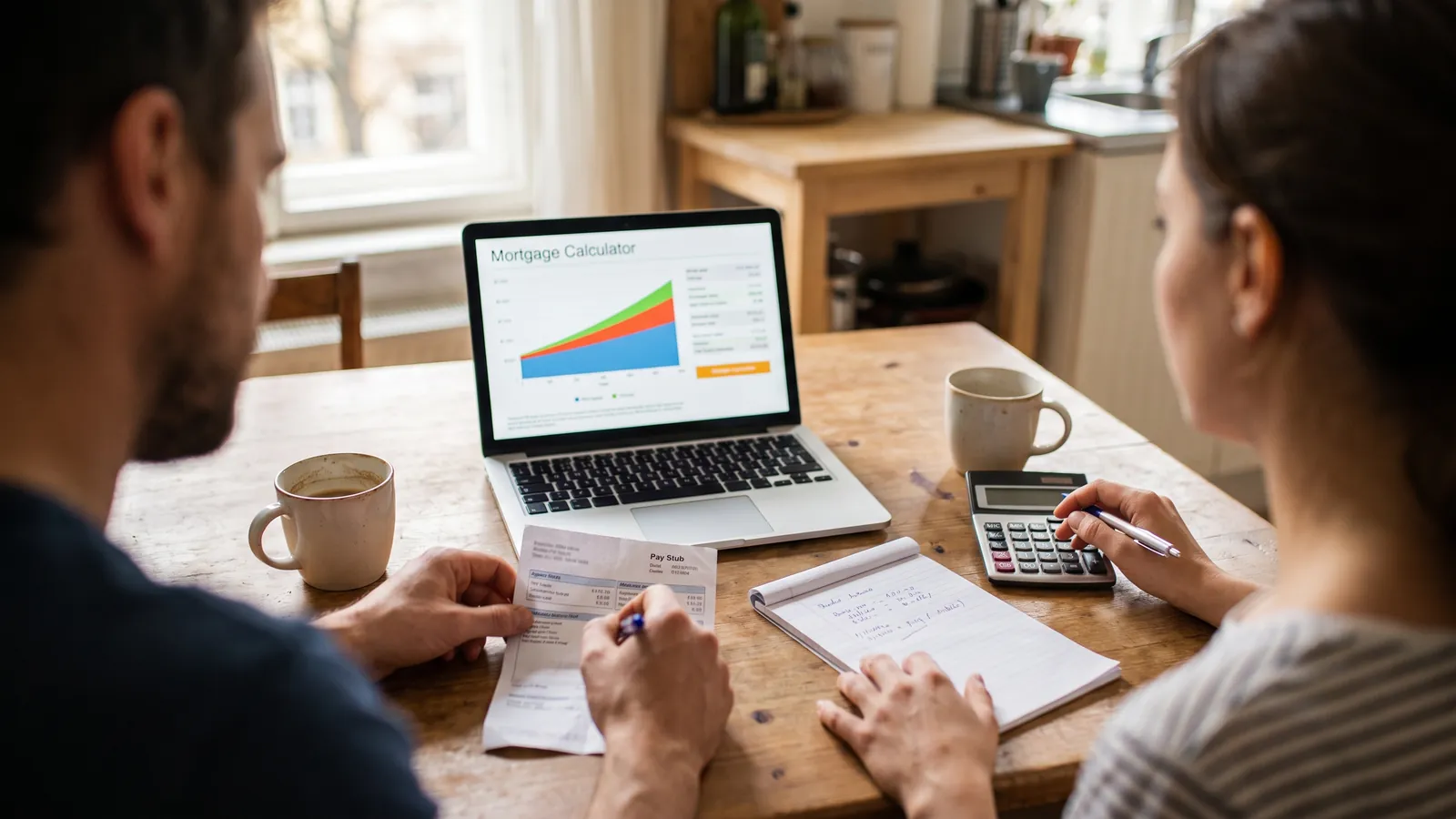 Over-the-shoulder view of a couple at a kitchen table working out a home budget with a laptop mortgage chart, a pay stub, a notepad and a calculator