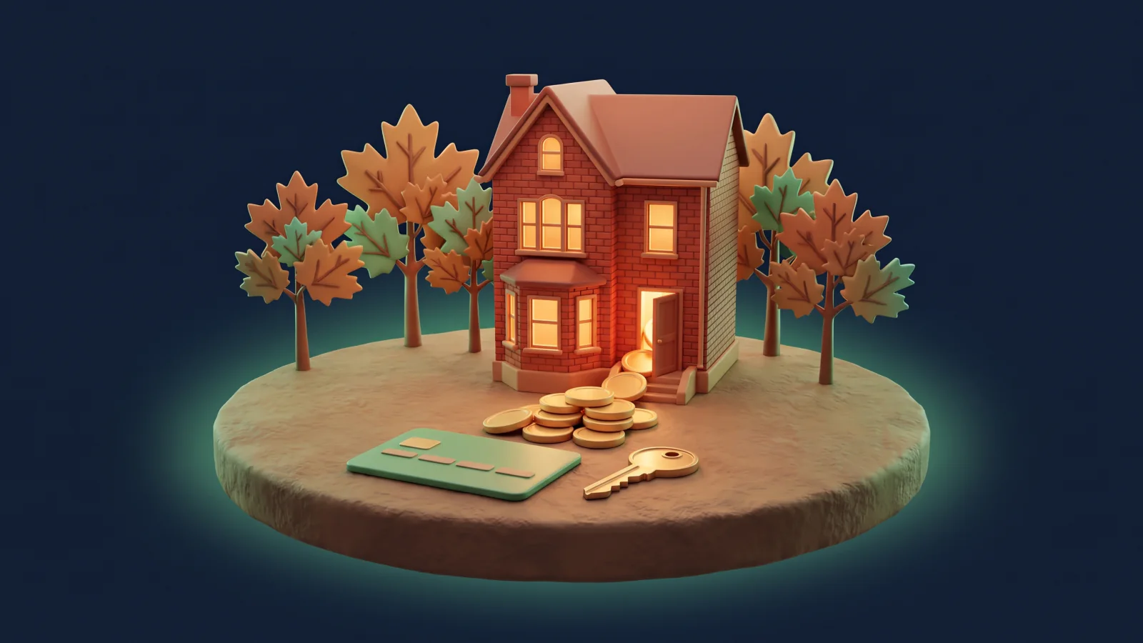 Clay-style brick house with gold coins spilling out of its open door onto the ground, beside a green bank card and a gold key