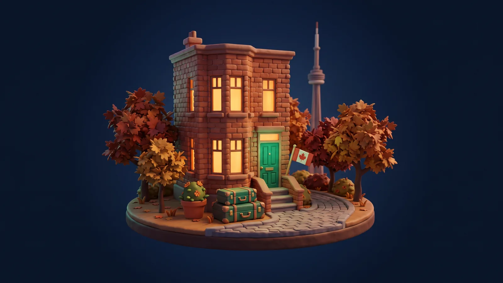 Clay-style brick townhouse at dusk with suitcases at the steps, a small Canadian flag by the door and the CN Tower in the distance