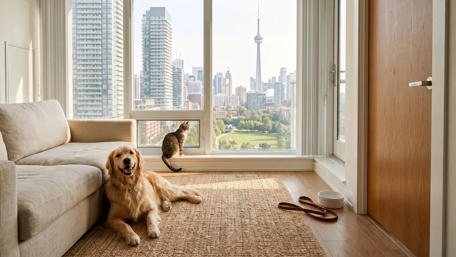 A golden retriever lying on a rug beside a sofa and a cat on the windowsill of a bright Toronto condo with a view of the CN Tower and a park