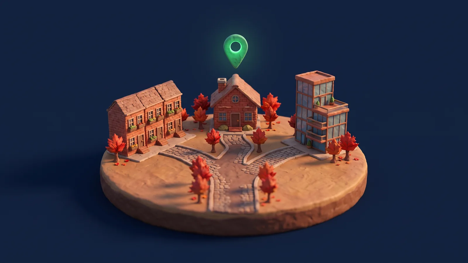 Clay-style diorama of a forked cobblestone path leading to a townhouse row, a brick house and a small condo tower among red maple trees, with a glowing green map pin