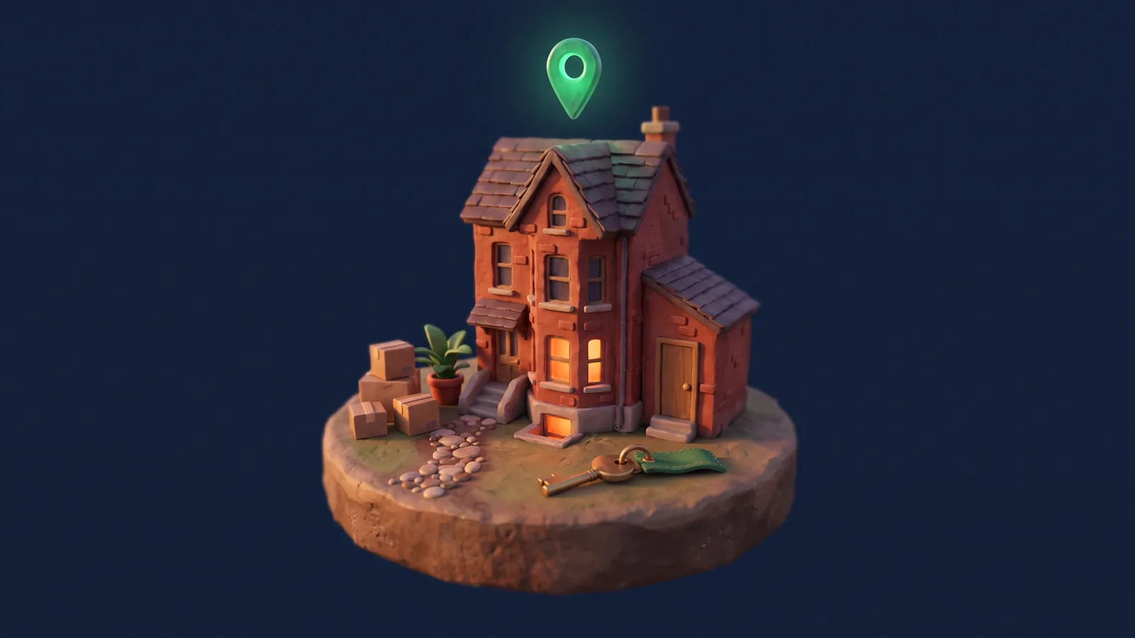 Clay-style red-brick Toronto house with a lit basement apartment window and side entrance, moving boxes and a potted plant on the path, and a brass key with a green tag