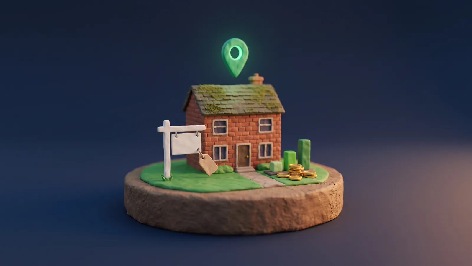 Clay-style brick house with a blank yard sign and a price tag, a stack of gold coins and a small green bar chart beside the path, with a glowing green map pin above