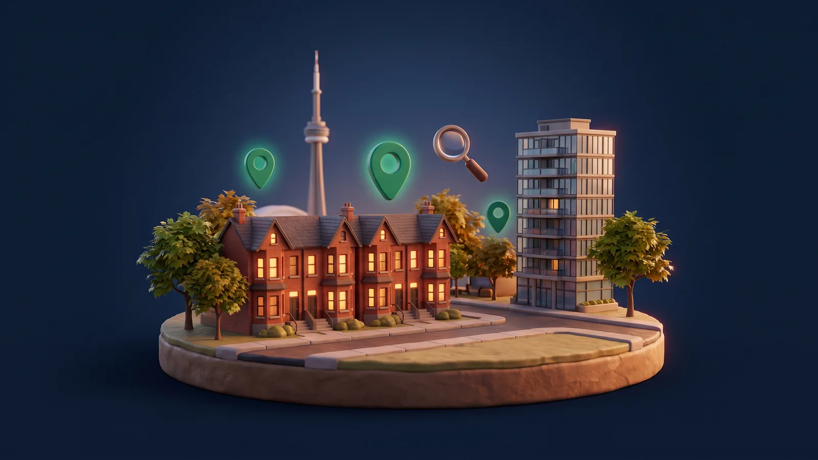 Miniature Toronto street of brick homes and a condo tower at dusk, with glowing green map pins and a magnifying glass above