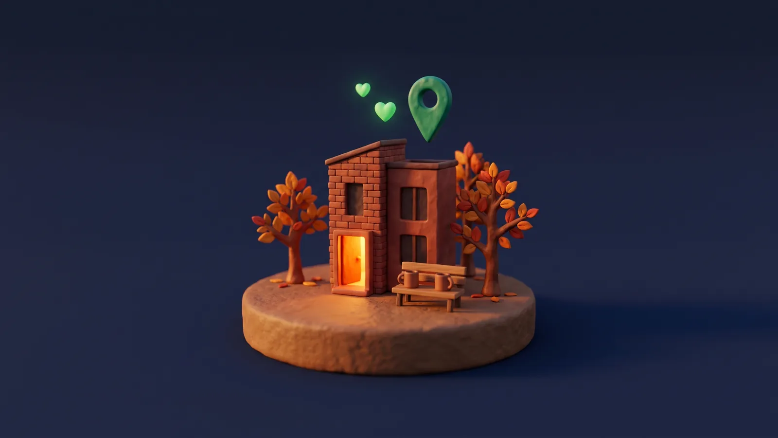 Clay-style modern brick townhouse with a glowing doorway, two matching mugs on a bench out front, two small green hearts and a green map pin floating above