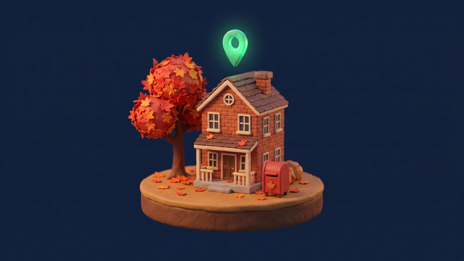 Clay-style Canadian brick house beside a red maple tree in autumn colour, with a red mailbox marked with a maple leaf and a glowing green map pin above the roof