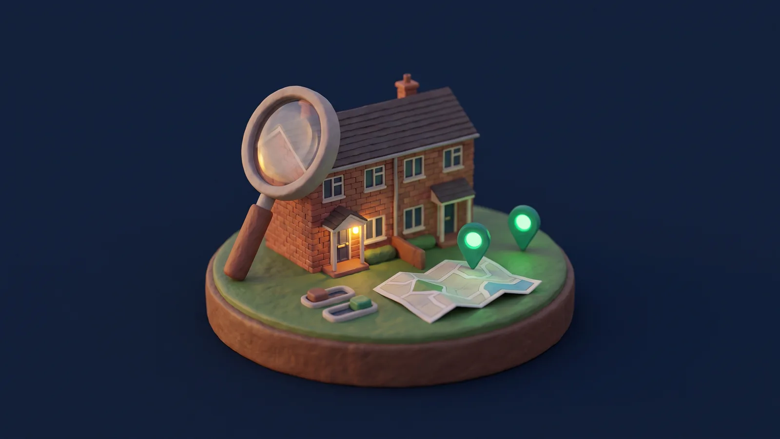Clay-style brick semi-detached house with a porch light on, a large magnifying glass leaning against it, toggle switches and a folded map on the lawn, and two glowing green map pins