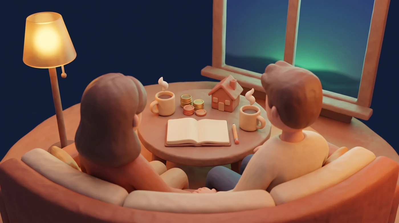 A couple seen from behind on a cosy sofa, planning their home budget at a coffee table with a blank notebook, coins, two mugs and a small model house