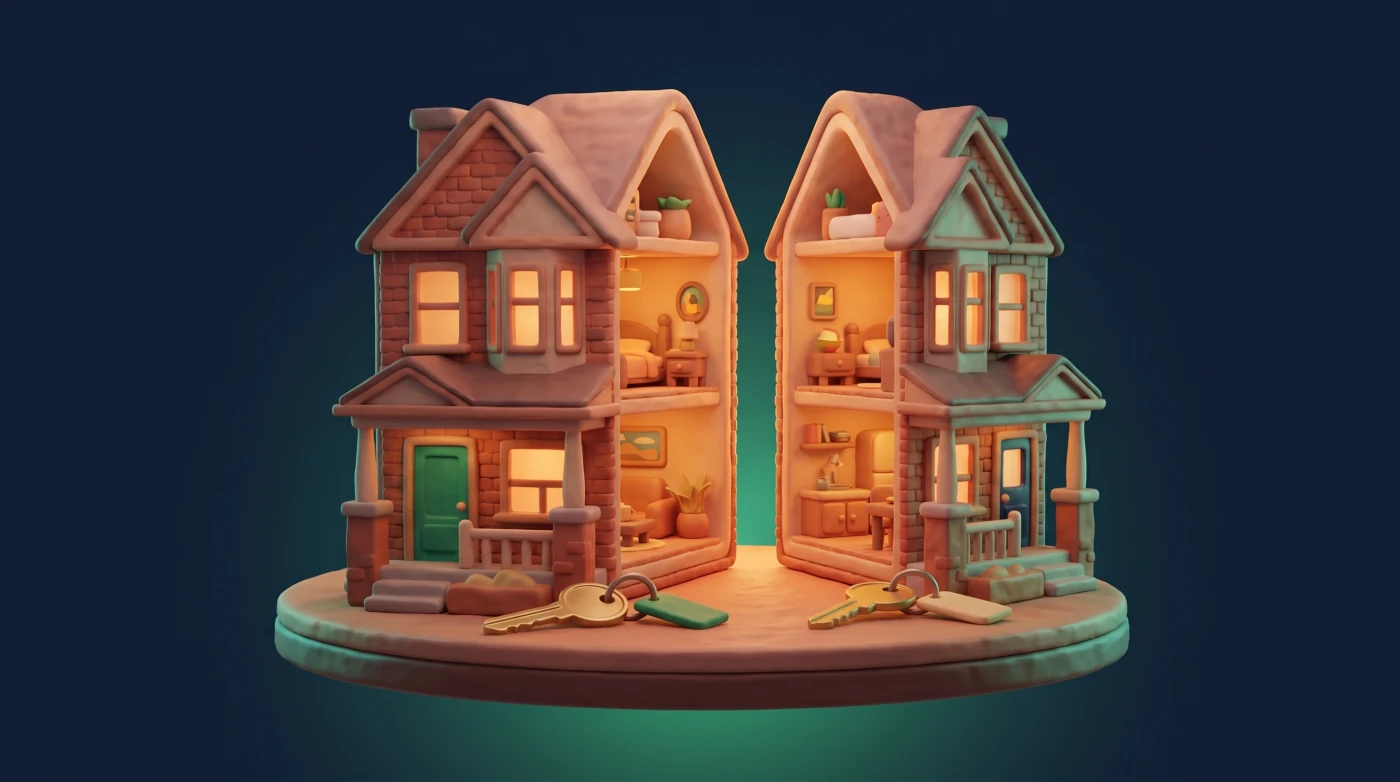 A brick house split into two unequal slices on a round base, with a separate house key in front of each slice