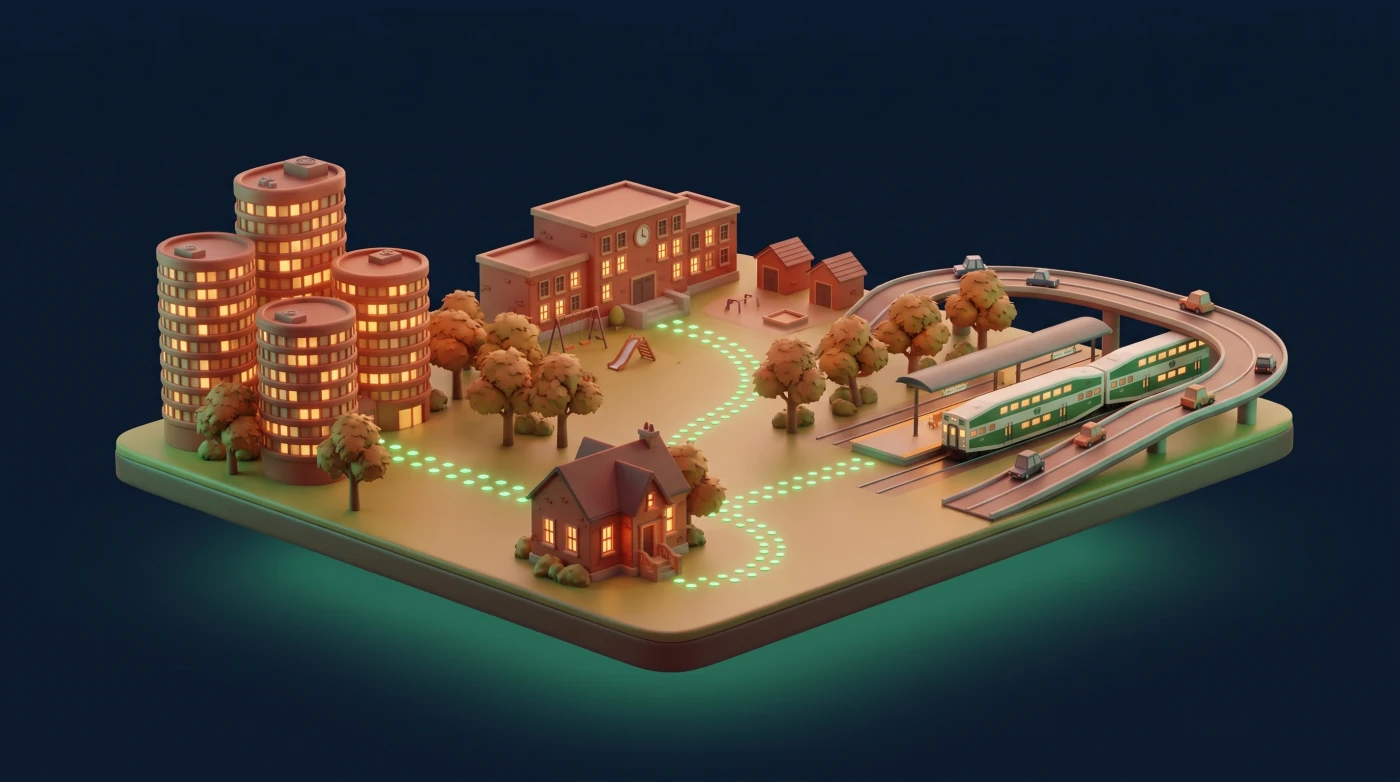 Diorama of a small house with glowing dotted paths leading to downtown office towers, a school with a playground and a commuter train station beside a highway