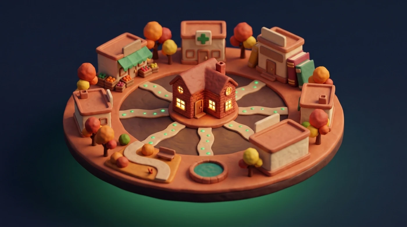 Round diorama with a house at the centre and paths radiating to a grocery store, pharmacy, library, community centre, park trail and clinic