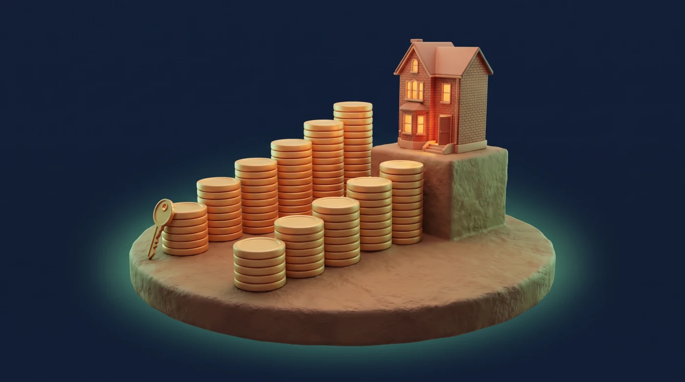 Coin stacks rising like a staircase toward a small brick house on a plinth, with a second row of stacks behind the first